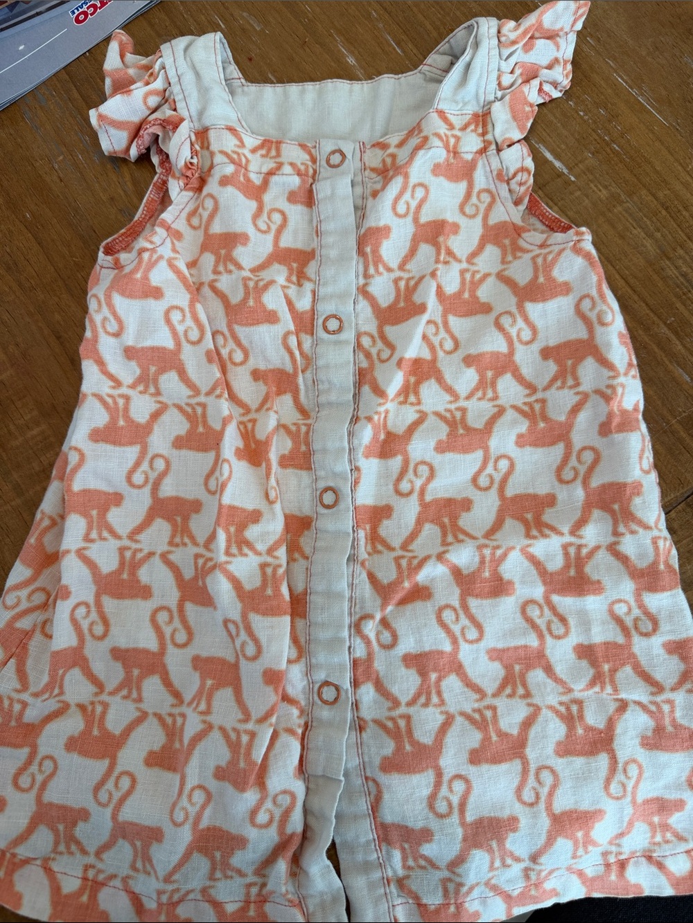 Tea Collection Girls Peach and Cream Linen Dress with Monkey Print